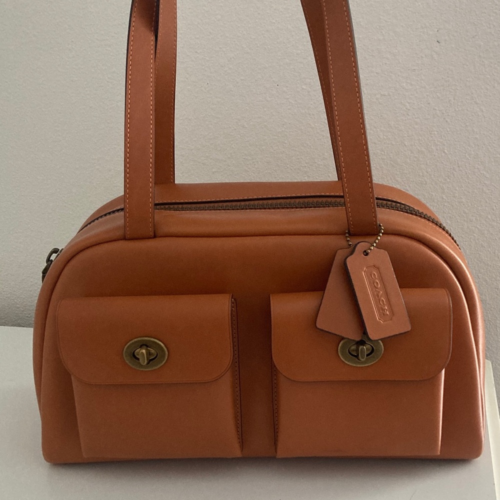 Coach twin turn lock bag. NWOT toffee/dark brass 13.2 l by7.25 height. Large